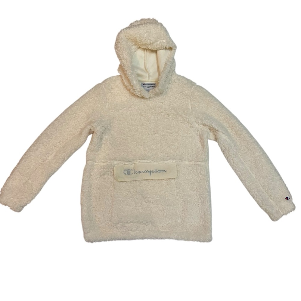 Champion Hoodie Womens Sherpa Cream Front Pocket Embroidered Size Small